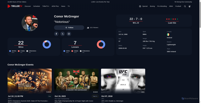 Security scan screenshot of https://www.trillertv.com/fighter/conor-mcgregor-notorious/684/?srsltid=AfmBOorwR7mP1C2kAL4Ecq6dEB48dL8wNiY9hft55YSmA6iu09jvVxvw