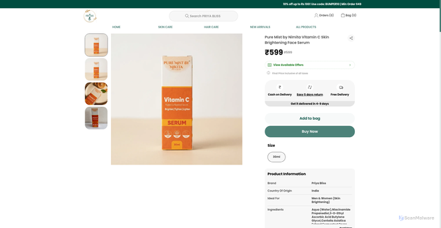 Security scan screenshot of https://priyabliss.com/Pure-Mist-by-Nimita-Vitamin-C-Skin-Brightening-Face-Serum/catalogue/WNrOp9nt/gchApR6Y