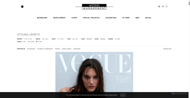 Security scan screenshot of https://www.model-management.de/models/1293-vittoria-ceretti/