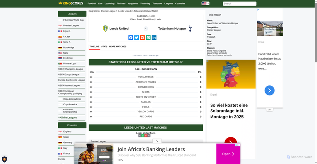 Security scan screenshot of https://kingscore.com/match/leeds-united-vs-tottenham-hotspur