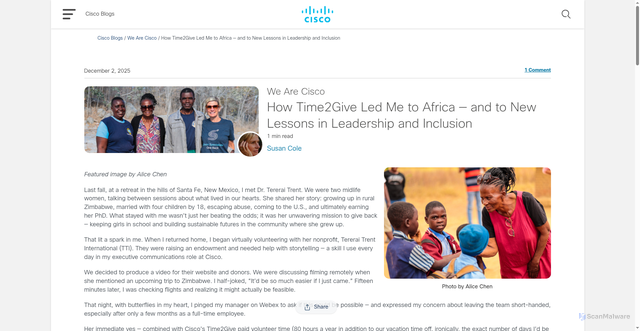 Security scan screenshot of https://blogs.cisco.com/wearecisco/how-time2give-led-me-to-africa-and-to-new-lessons-in-leadership-and-inclusion