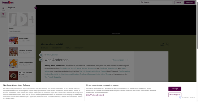 Security scan screenshot of https://wesanderson.fandom.com/wiki/Wes_Anderson