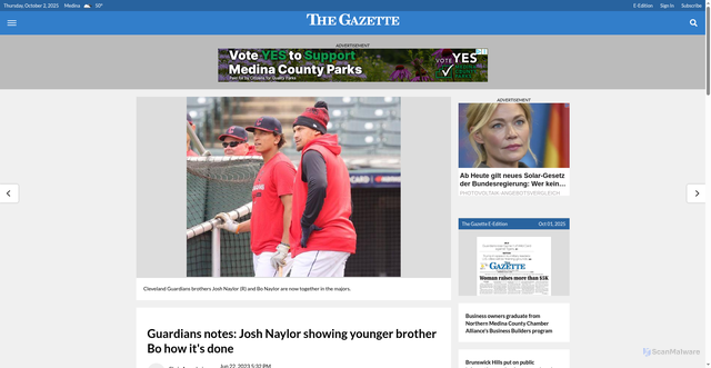 Security scan screenshot of https://medina-gazette.com/news/356517/guardians-notes-josh-naylor-showing-younger-brother-bo-how-its-done/