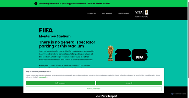 Security scan screenshot of https://www.justpark.com/us/event-parking/fifa-world-cup-2026/estadio-monterrey/