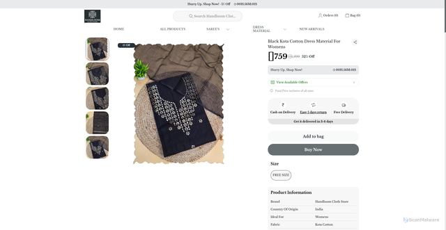 Security scan screenshot of https://handloomclothstore.com/Black-Kota-Cotton-Dress-Material-For-Womens/catalogue/6s1Qyjcl/CeHupDWX