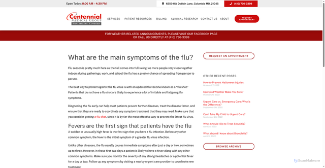 Security scan screenshot of https://centennialmedical.com/what-are-the-main-symptoms-of-the-flu/
