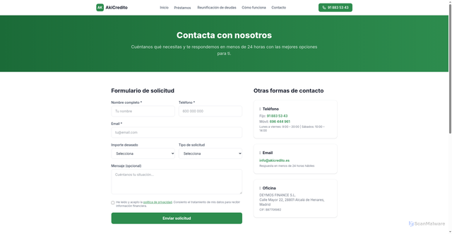Security scan screenshot of https://minicreditosenlinea.es/contacto/