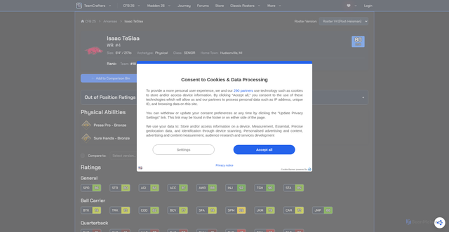 Security scan screenshot of https://www.teamcrafters.net/rosters/CFB25/roster-final/629/isaac-teslaa-wr