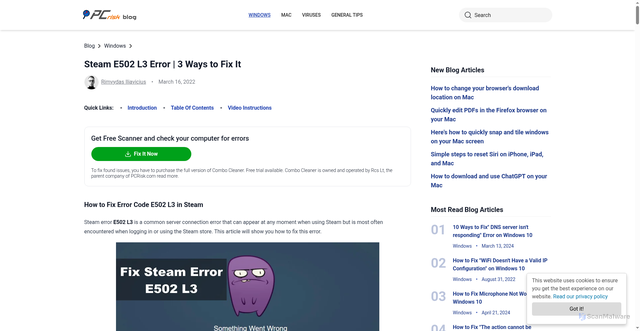 Security scan screenshot of https://blog.pcrisk.com/windows/13586-steam-error-e502-l3