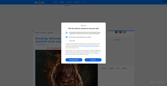 Security scan screenshot of https://www.cinejosh.com/news/3/124068/breaking-akhanda-2-financial-hurdles-put-a-question-mark-over-its-release.html