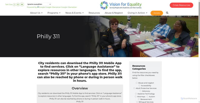 Security scan screenshot of https://www.visionforequality.org/resources/philly-311/