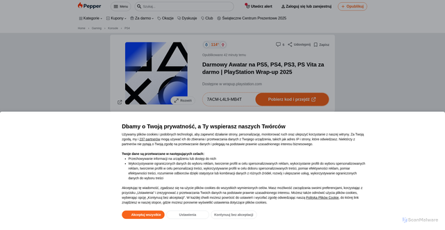 Security scan screenshot of https://www.pepper.pl/promocje/darmowy-awatar-na-ps5-ps4-ps3-ps-vita-za-darmo-playstation-wrap-up-2025-1178917