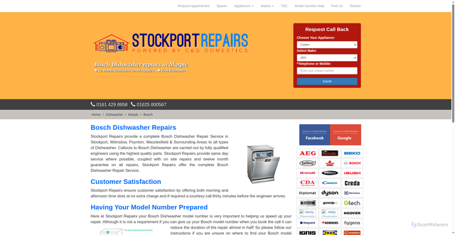 Security scan screenshot of https://www.stockportrepairs.co.uk/Dishwasher/+Marple/Bosch