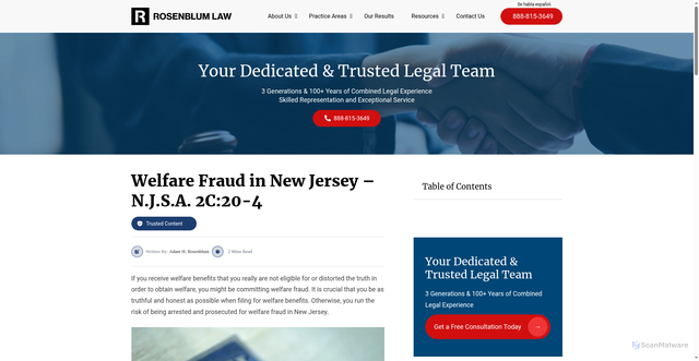 Security scan screenshot of https://rosenblumlaw.com/our-services/criminal-defense/welfare-fraud/