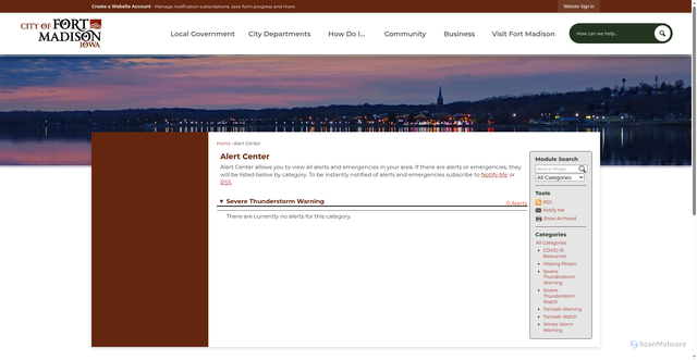 Security scan screenshot of https://www.fortmadison-ia.com/AlertCenter.aspx?CID=Severe-Thunderstorm-Warning-7