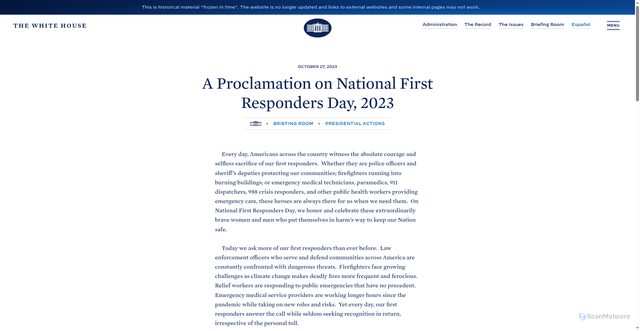 Security scan screenshot of https://bidenwhitehouse.archives.gov/briefing-room/presidential-actions/2023/10/27/a-proclamation-on-national-first-responders-day-2023/