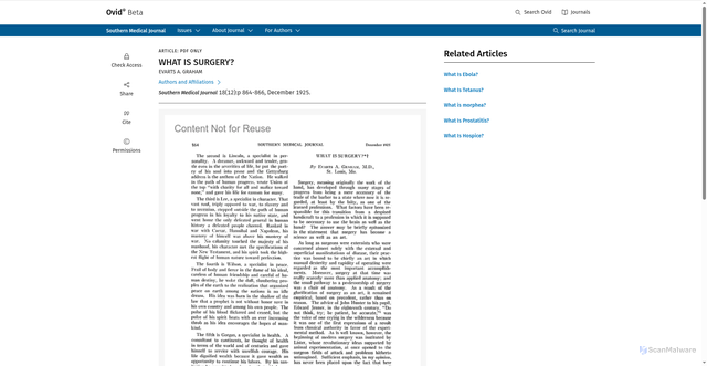 Security scan screenshot of https://www.ovid.com/jnls/smajournalonline/fulltext/00007611-192512000-00002~what-is-surgery