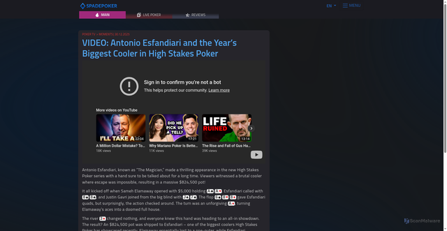 Security scan screenshot of https://www.spadepoker.tv/en/tv/video-antonio-esfandiari-and-the-years-biggest-cooler-in-high-stakes-poker/