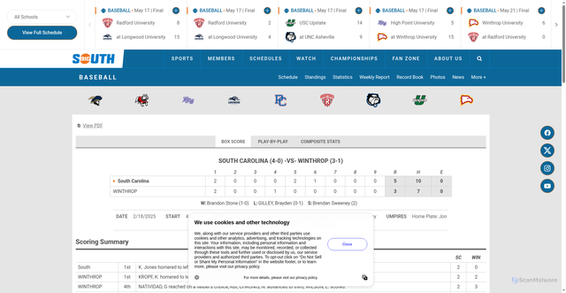 Security scan screenshot of https://bigsouthsports.com/boxscore.aspx?id=7ltyipP022aUJKmSgYVs3wXi7up73ghniwD5ElWyd07J7BNseBaMQePf0fY%2F3yUPta2lsRp18DkiCqOVqCMEZOA3LvPwC0DeTszdD1u7Z6H%2Fnep2Sv1EbznKypfxMBfVJ%2FjDL2aWMv1D20bwQCWA8RtsRasZhBj6%2FYXYAqgpWbM%3D&path=baseball