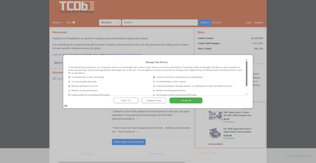 Security scan screenshot of https://www.tcdb.com