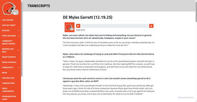 Security scan screenshot of https://browns.1rmg.com/transcripts/de-myles-garrett/