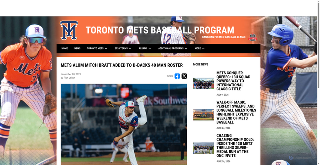 Security scan screenshot of https://www.torontomets.ca/news/mets-alum-mitch-bratt-added-to-d-backs-40-man-rost