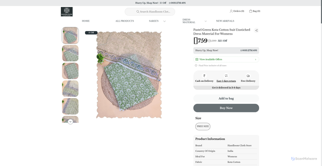 Security scan screenshot of https://handloomclothstore.com/Pastel-Green-Kota-Cotton-Suit-Unstiched-Dress-Material-For-Womens/catalogue/HuIlwzzO/2gUTXgG-