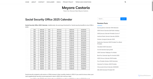Security scan screenshot of https://meyoracastorio.pages.dev/myrlngm-social-security-office-2025-calendar-cstrrruy/