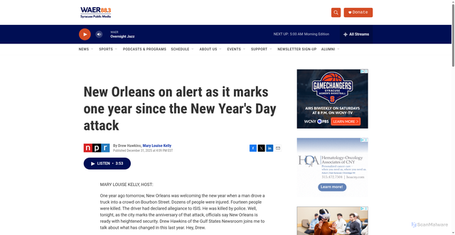 Security scan screenshot of https://www.waer.org/2025-12-31/new-orleans-on-alert-as-it-marks-one-year-since-the-new-years-day-attack