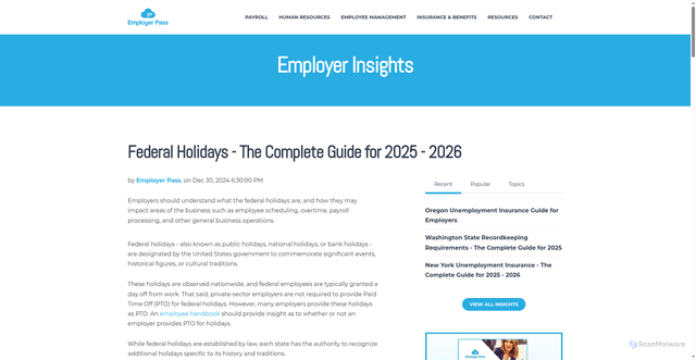 Security scan screenshot of https://www.employerpass.com/employer-insights/federal-holidays