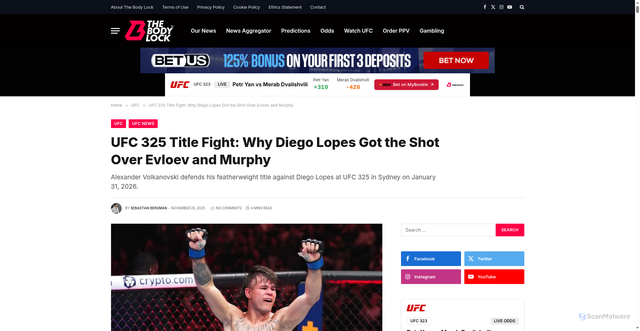Security scan screenshot of https://thebodylockmma.com/ufc/ufc-325-title-fight-why-diego-lopes-got-the-shot-over-evloev-and-murphy/