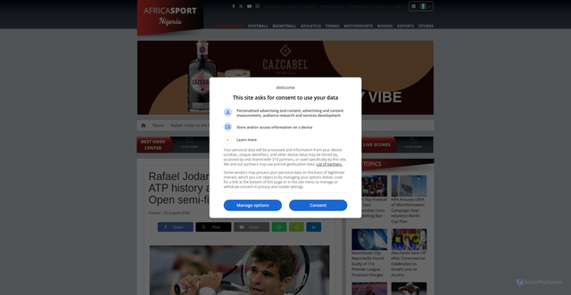 Security scan screenshot of https://www.africasport.net/article/tennis/rafael-jodar-on-the-brink-of-rewriting-atp-history