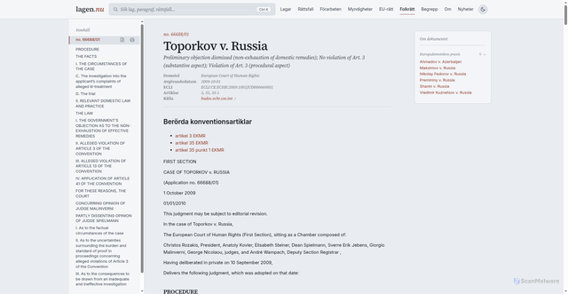 Security scan screenshot of https://lagen.nu/dom/echr/001-94562