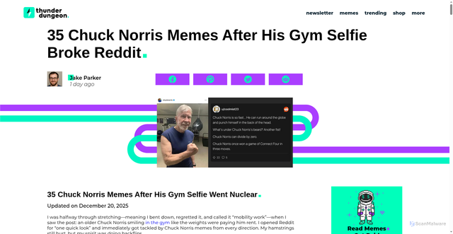 Security scan screenshot of https://thunderdungeon.com/2025/12/20/35-chuck-norris-memes-after-his-gym-selfie-broke-reddit/