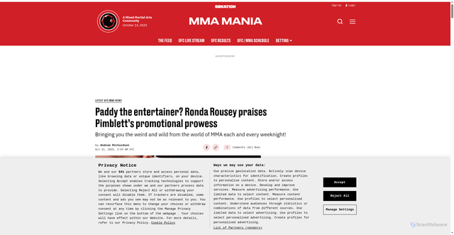 Security scan screenshot of https://www.mmamania.com/latest-news/395121/paddy-the-entertainer-ronda-rousey-praises-pimbletts-promotional-prowess