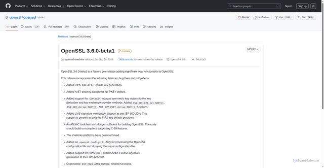Security scan screenshot of https://github.com/openssl/openssl/releases/tag/openssl-3.6.0-beta1