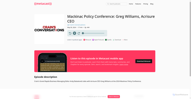 Security scan screenshot of https://metacast.app/podcast/crain-s-conversations/xYMiII6A/mackinac-policy-conference-greg-williams-acrisure-ceo/3LgnMwjg