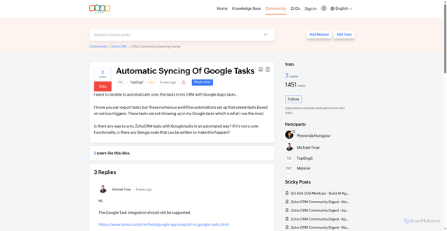 Security scan screenshot of https://help.zoho.com/portal/en/community/topic/automatic-syncing-of-google-tasks