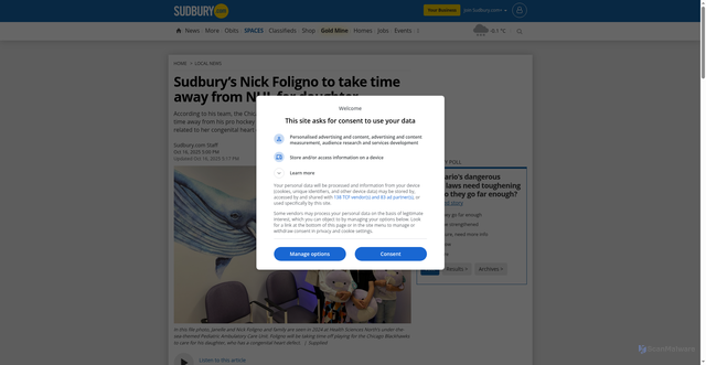 Security scan screenshot of https://www.sudbury.com/local-news/sudburys-nick-foligno-to-take-time-away-from-nhl-for-daughter-11358361