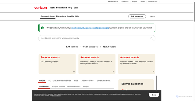 Security scan screenshot of https://community.verizon.com