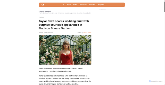 Security scan screenshot of https://cuttingsfg.com/news/taylor-swift-sparks-wedding-buzz-with-surprise-courtside-appearance-at-madison-square-garden