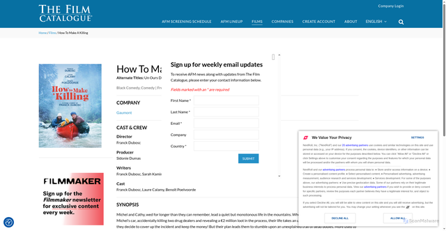 Security scan screenshot of https://www.thefilmcatalogue.com/films/how-to-make-a-killing