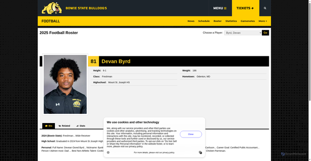 Security scan screenshot of https://bsubulldogs.com/sports/football/roster/devan-byrd/8517