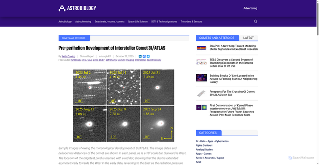 Security scan screenshot of https://astrobiology.com/2025/10/pre-perihelion-development-of-interstellar-comet-3i-atlas.html