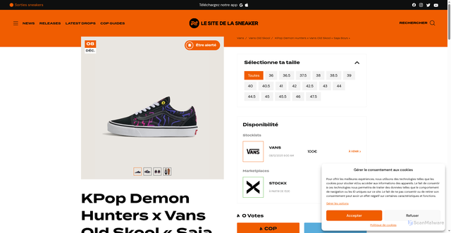 Security scan screenshot of https://www.lesitedelasneaker.com/release/kpop-demon-hunters-vans-old-skool-saja-boys-vn000e8wb9p/