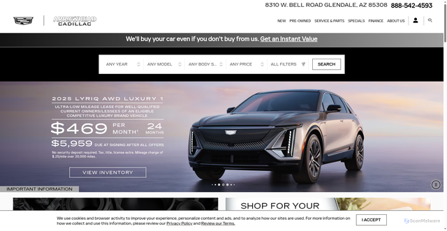 Security scan screenshot of https://www.arrowheadcadillac.com/?srsltid=AfmBOoqyZSkY1ecYr78ffeOxqXqRqhFXLSyuKKGIqo7-RjWv_7Kmn6MU