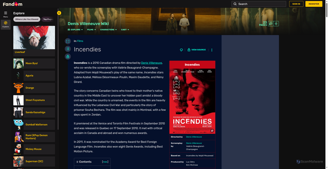 Security scan screenshot of https://villeneuve.fandom.com/wiki/Incendies