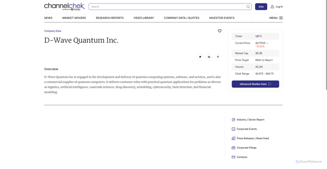 Security scan screenshot of https://www.channelchek.com/company/qbts