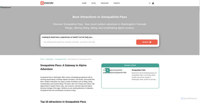 Security scan screenshot of https://evendo.com/locations/washington/snoqualmie-pass/best-attractions