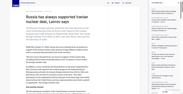 Security scan screenshot of https://tass.com/politics/2029023